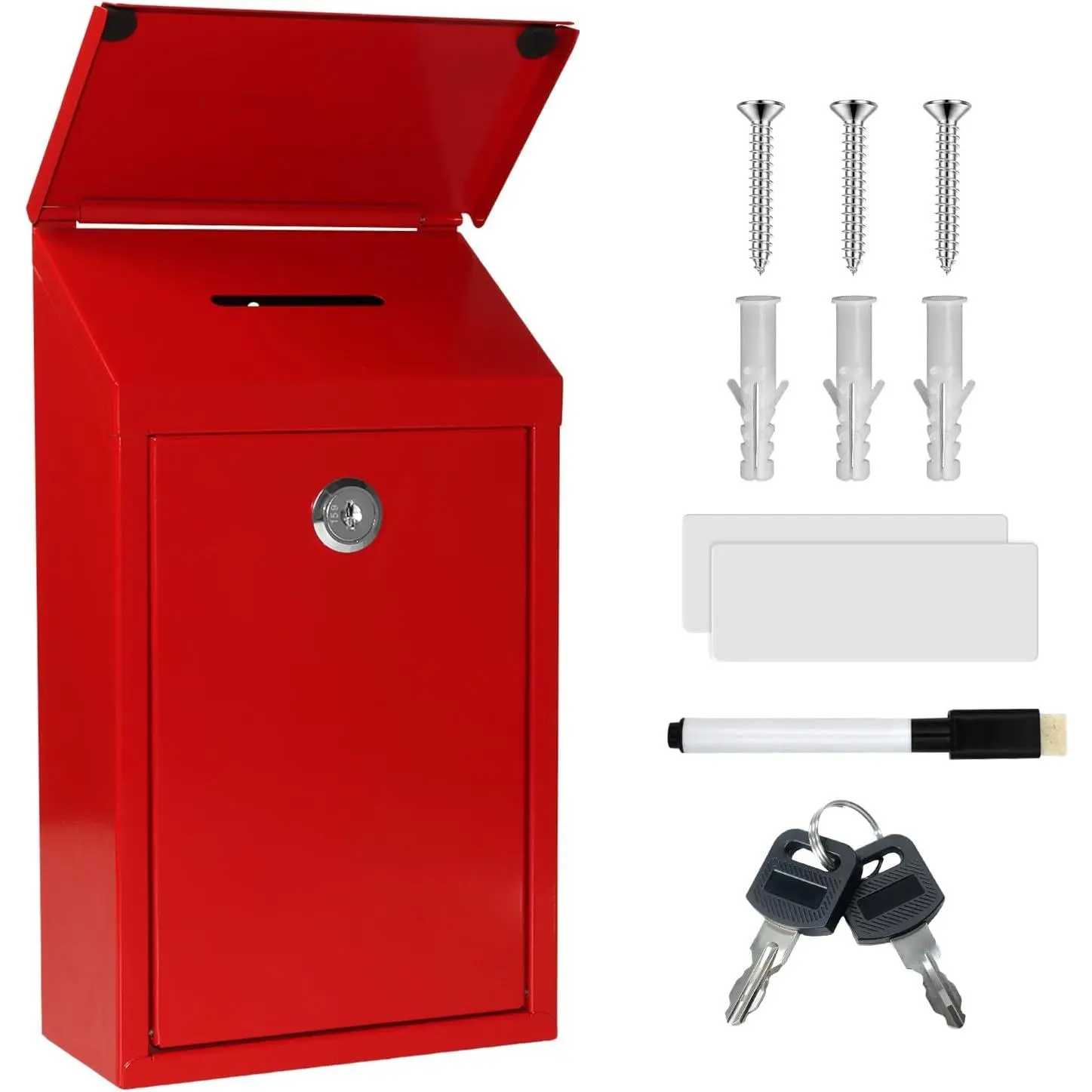 Metal Suggestion Box Donation Box with Slot Drop Box with Lock and Key Collection Box Mailbox Wall Mount Dropbox(10.2x5.6x2.8inch) Ballot Box for Home Office Outdoor(Red)