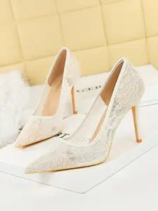 Sexy Lace High Heels, Pointed Toe Slip-On Shoes, Slimming Nightclub Style Mesh Thin Heel Single Shoes, Fashion, High Heel Pumps