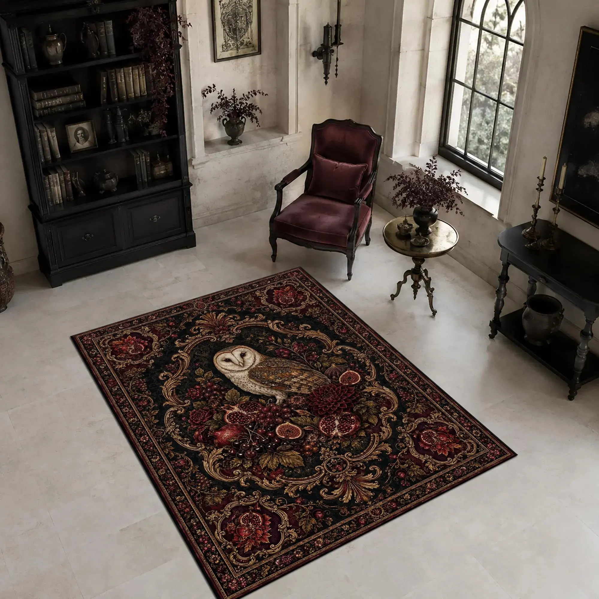 Gothic Owl Area Rug - Burgundy Pomegranate Floral Dark Botanical Ornate Carpet for Living Room, Witchy Romantic Household Textile Home Decor