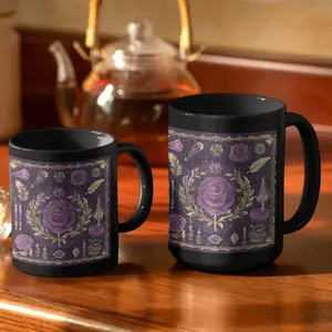 Purple Witchy Gothic Mug, Black Coffee Cup with Crystals & Candles, Dark Aesthetic Mystic Floral Mug, Occult Witch Gift for Her