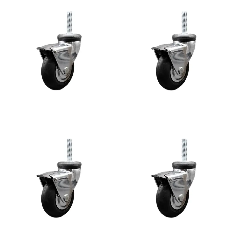 2 212 MAIN Heavy Duty Lockable Swivel Caster Wheels, 3 in. Bright Chrome Hooded Neoprene Rubber Furniture Moving Wheels with 10 mm 1.50x1.5 in. Threaded Stem & Brake, Service Caster SCC-TS03S310-NPRB-BC-B-M1015-4 - Set of 4, Furniture Moving Wheel