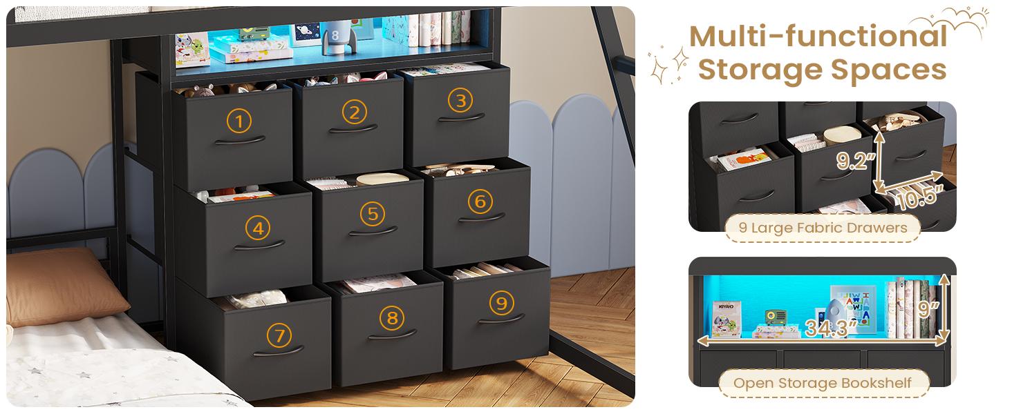 Hasuit Twin Over Twin Bunk Bed with 9 Storage Drawers, Twin Bunk Beds for Kids with LED Lights and Charging Station