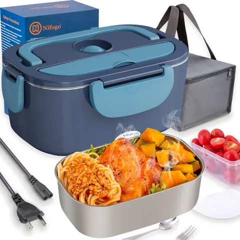 Temperature-Controlled Electric Thermal Lunch Box for Adults - 60-80W, 1.8L 304 Stainless Steel, Even Heating, Leak-Proof, Dishwasher Safe, 110V/12V/24V, Insulated Bag-Fit, Food and Travel, Fork & Spoon Included, Patchwork Design (Work, Car Use)