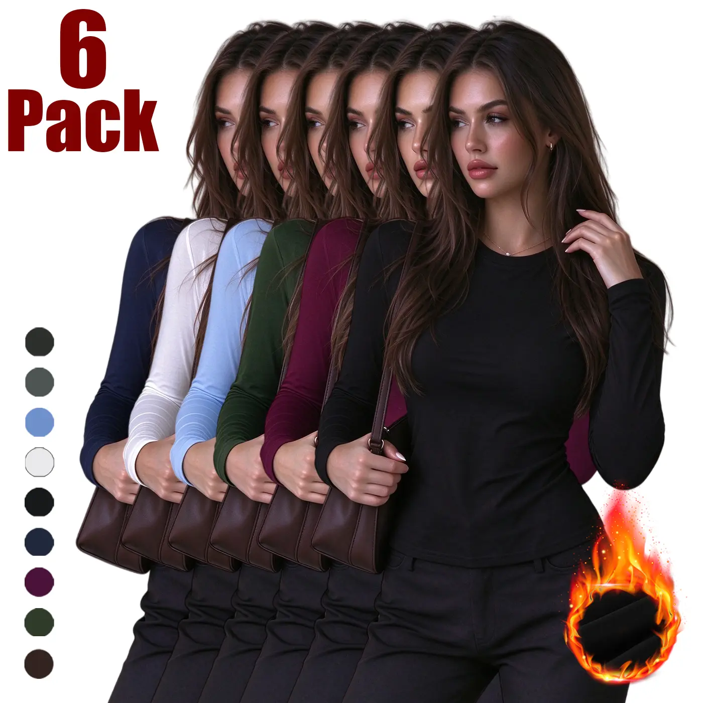 6-PackWomen's 6 Pack Crew Neck Thermal Tops, Slim Fit Fleece Lined Long Sleeve Layering Shirts, Soft Warm Base Layer Tees for Work & Fall Winter Casual Wear