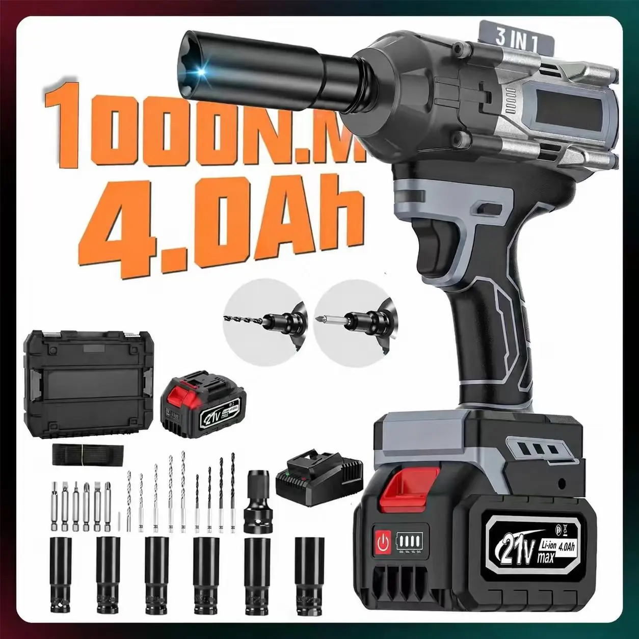 1000N.m Cordless Impact Wrench, All‑Metal Cordless Impact Gun with 2 * 4.0Ah Batteries, 3‑IN‑1 Electric Impact Wrench Equipped with 5 Sleeves