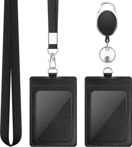 2 Pack Badge Holders, Vertical PU Leather ID Badge Card Holder with Detachable Neck Lanyard Strap and Retractable Badge Reel ID Card Holders Set DUPENCD