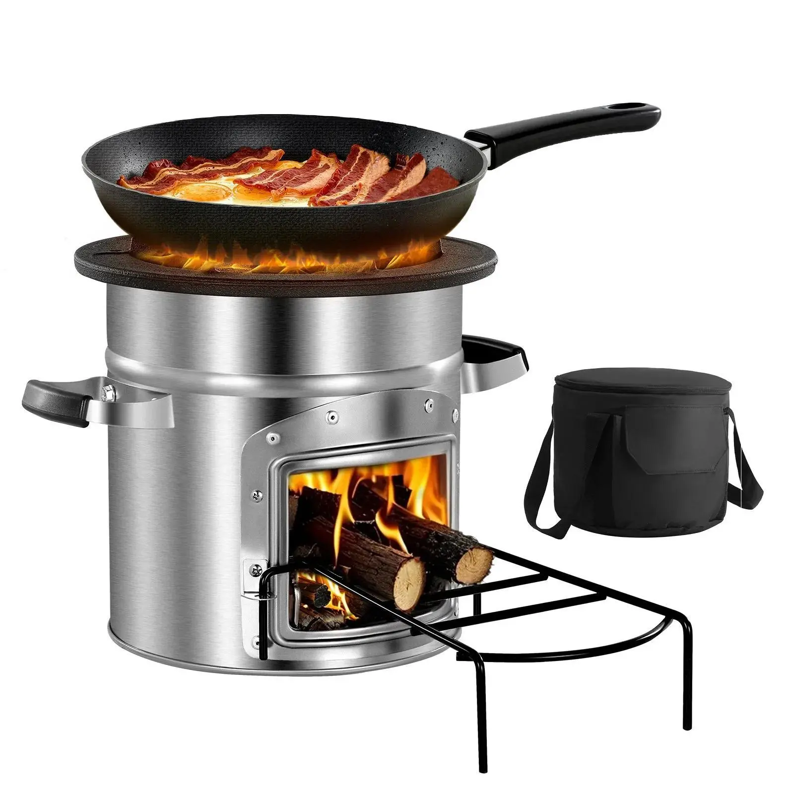 VEVOR Portable Stainless Steel & Cast Iron Camping Rocket Stove, Locking Fuel Door, Carrying Bag, Real Wood Burning Capability, Even Heat Transfer for Backpacking, Backyard Camp Cooking#BackToSchool