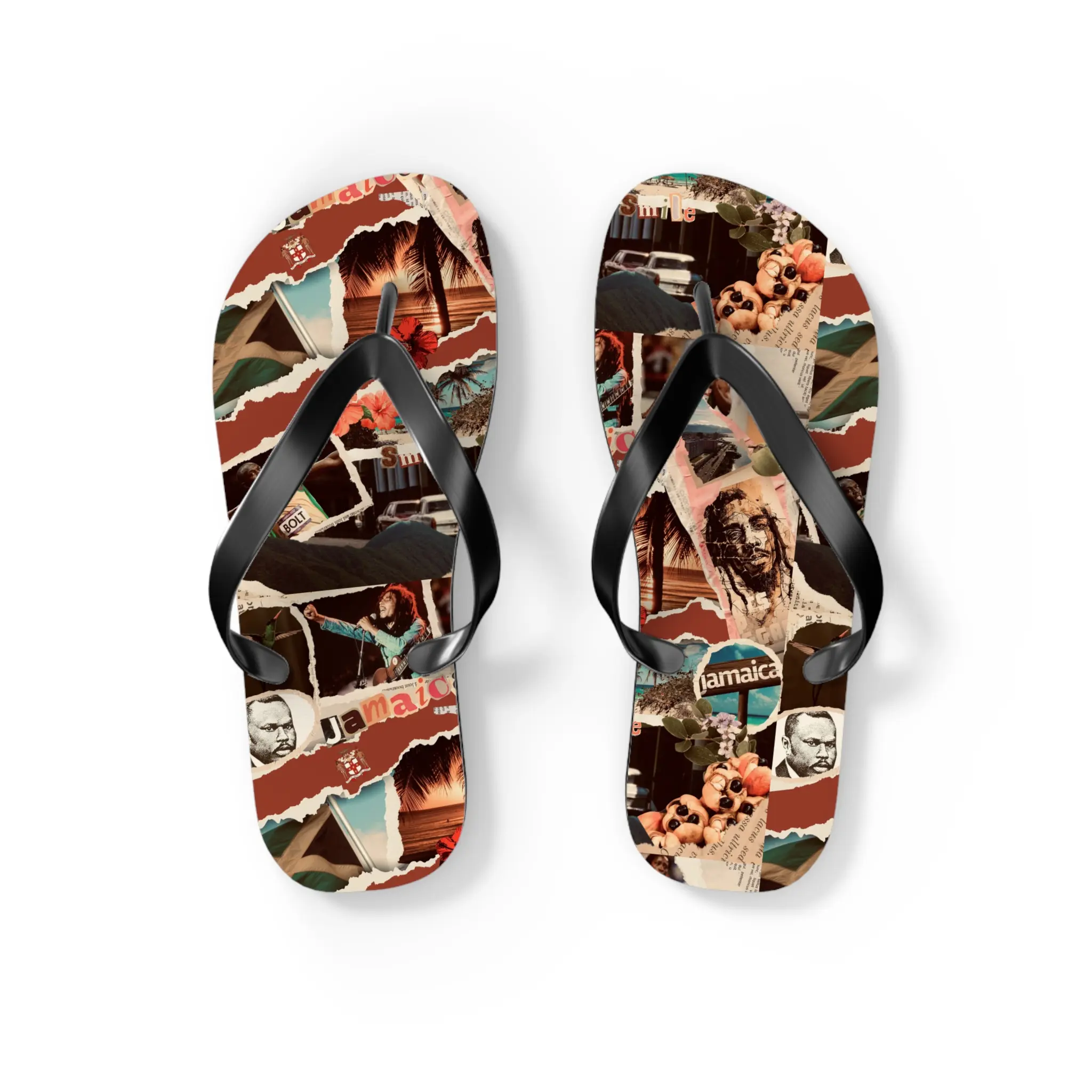 Flip Flops, Beach Sandals, Jamaican Theme Collage, Summer Footwear, Vacation Shoes, Island Flip Flops