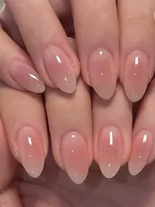 Short Almond Press On Nails – 24PCS Pink Smudged French Tips, Sweet Fresh Summer Fake Nails, Easy DIY Nail Decoration for Women & Girls