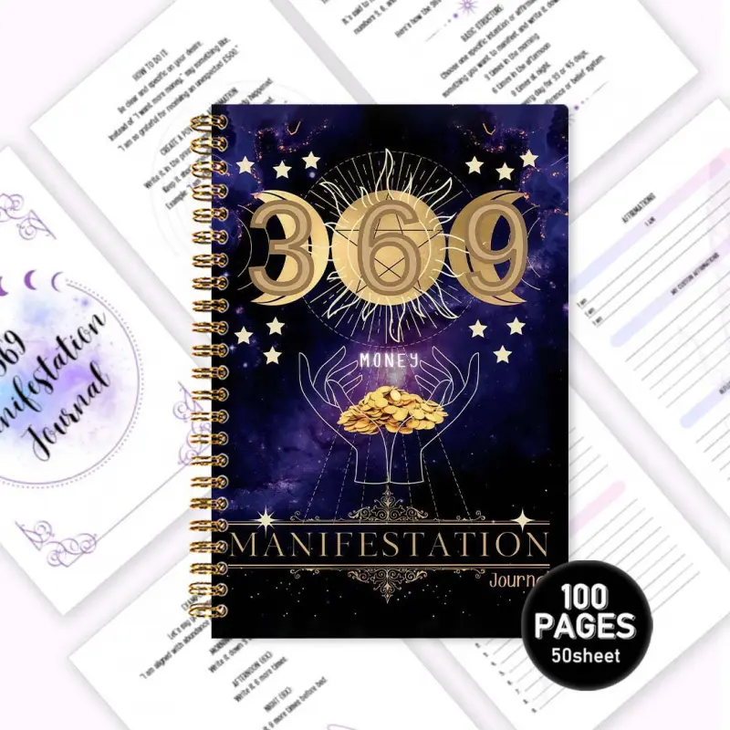 369 Manifestation Planner | Daily 369 Manifestation, dual empowerment for spiritual growth and the Law of Attraction. Featuring a starry golden gilded cover with 369 logos and gold coin elements, it is designed with morning 3, noon 6 and night 9 manifesta