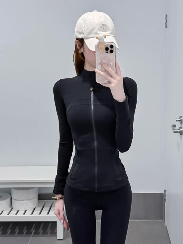 Spring Stand Collar Zipper Yoga Jacket for Women, Slim Fit Outdoor Running Sports Gym Jacket, Casual Fashion Outerwear