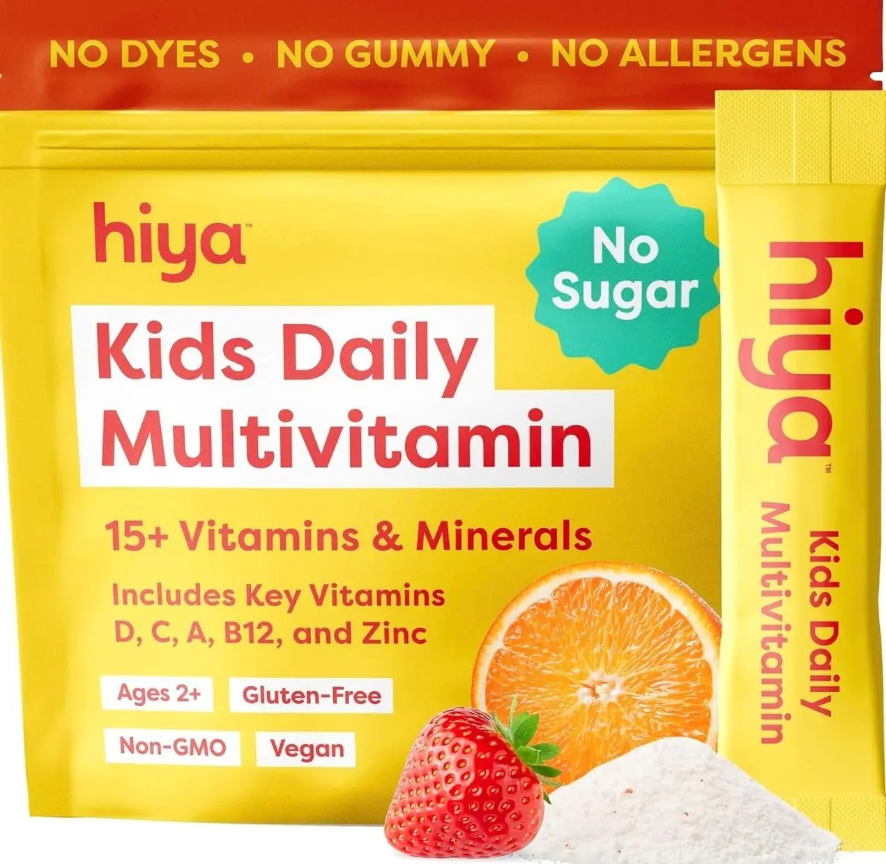 Hiya Kids Multivitamin – 15+ Essential Vitamins & Minerals with Fruits & Veggies for Ages 2+, Supports Growth, Development & Immune, 0g Sugar – 20 Stick Packs for Toddlers & Kids