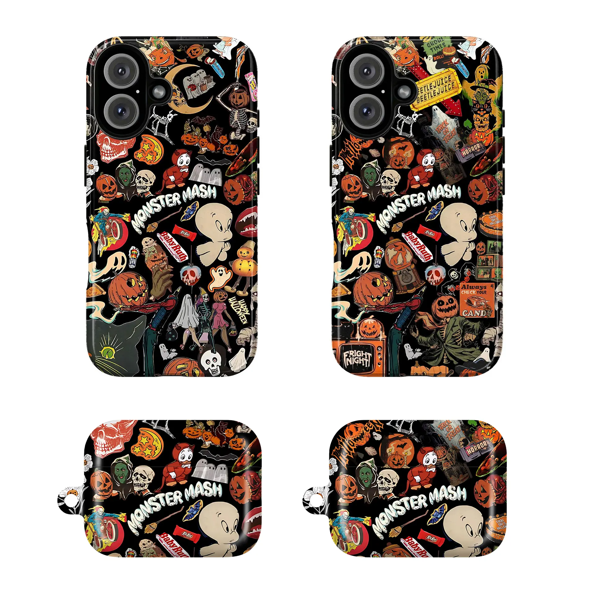 Monster Halloween AirPods Case & Phone Case – Retro Spooky Collage Cover with Pumpkin, Ghost, Skeleton & Vintage Halloween Design for iphone 17 16 15 14 12 11 Samsung S21-S26 & AirPods 1 2 3 4 Pro 1 Pro 2 Pro 3 | Aesthetic Halloween Party Horror Fan Gift