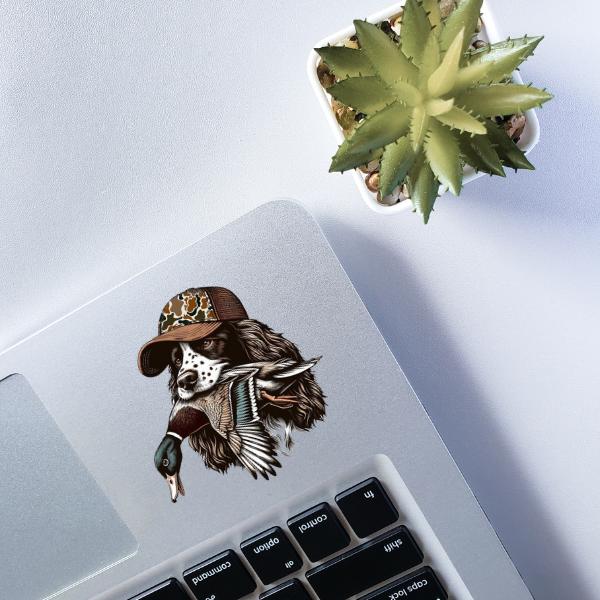 Springer Spaniel Hunting Dog Sticker With Duck And Camo Hat, Waterproof Hunting Decal For Trucks, Cool Outdoor Hunting Gifts For Men, Hunters, Fishermen, Hunting Dog Car Accessories