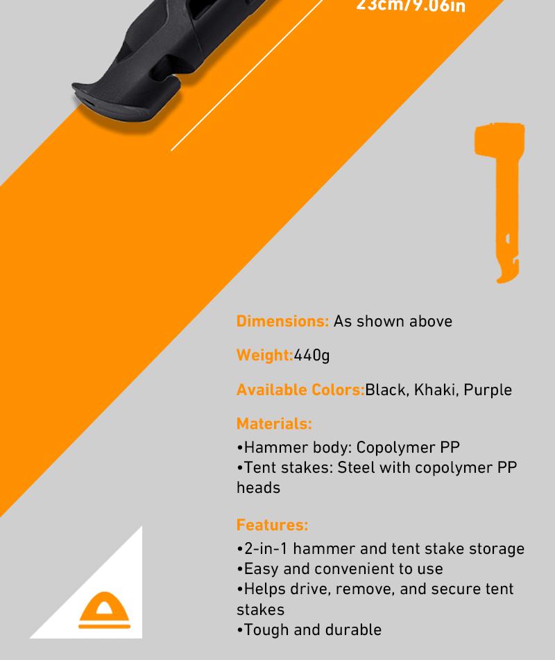 2-in-1 Tent Stake Hammer with Built-In Storage for 8 Stakes and Stake Puller for Outdoor Camping