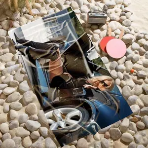 1 piece Fashionable look of black mini skirt with thigh-high boots posing with a sports car themed beach towel - Flannel weaving craft, a super-soft comfortable fluffy blanket, suitable for beds and sofas, all-season use, modern geometric pattern