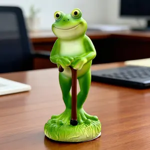 Gentleman Cane Frog Resin Figurine, Cute Healing Style, Humanized Design, Grass Base Detail, Desktop Decoration, Office/home Use
