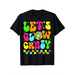 Let'S Glow Crazy Team Party Matching T-Shirt for Boys & Girls - Vibrant Neon Glow-in-the-Dark Design, Breathable & Comfortable Round Neck Tee, Perfect Gift for Summer & Spring, Glow Party Shirts  (3-13Y)