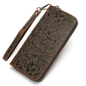 Men's Genuine Leather Wallet Vintage Embossed Crazy Horse Texture Large Capacity Dual Zipper Design Unisex Clutch Holds Mobile Phone and Coins