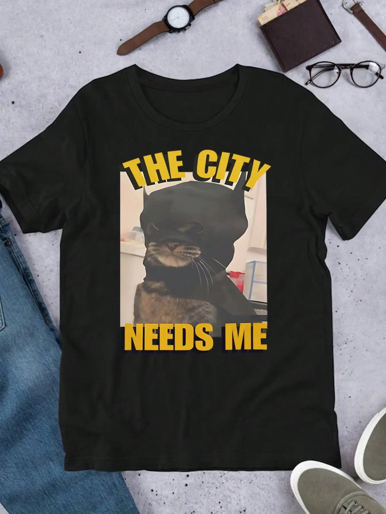 SHEIN Graphic Cat Face & English Text "This City Needs Me" Relaxed Fit Round Neck T-Shirt For Women