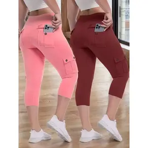 2pcs High Waist Yoga Capri Pants Set, 4-Way Stretch Butt Lifting Tummy Control, 4 Button Pockets, Spandex Material, Solid Color, Three-Quarter Length, Sports Style for Workout Running, Spring/Summer Collection, JEGGE Brand, Workout Leggings | Highwaist Pa