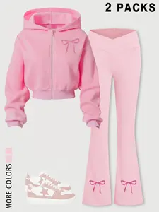 Women's Zipper Short Jacket & Yoga Flare Pants Set, Casual Daily Wear, Vacation Travel School Camping Streetwear Y2K Style