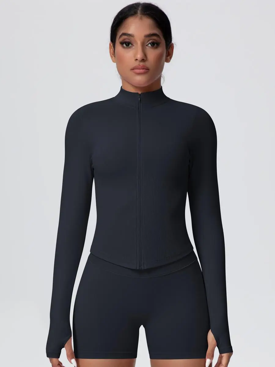 Seamless solid color slim-fit breathable zipper jacket for women stand collar suitable for sports running fitness yoga Women BBL Jacket Cropped Zip Up Thumb Hole Snatched Waist Yoga Workout Jacket Oversized Athleisure Track Jacket Casual Daily Wear