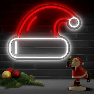 Christmas Hat Neon Sign - Xmas Hat Neon Lights for Bedroom, Wall Decorations - Red & White Hat Led Christmas Lights for Room Decor - Big Cool Led Signs for Christmas Decorations Ornaments