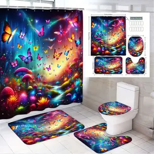 1/4pcs Fantasy Butterfly Shower Curtain Set, Shower Essentials, Magical Neon-Bright Mushroom & Flower Curtain with Toilet Seat Cover, Bidet Tank Lid Cover & 2 Bath Mats - Enchanted Forest Starry Night Aesthetic for Home Decor, Festival Vibes