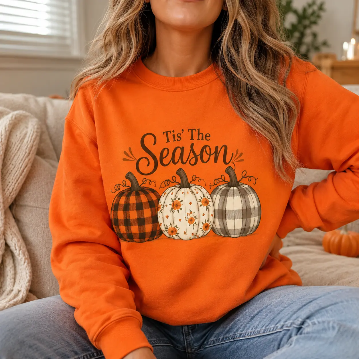 Tis' The Season Pumpkin Sweatshirt - Orange Long Sleeve Top with Plaid and Floral Pumpkins Design for Fall Cute Autumn Harvest Graphic Tee, Pumpkin Patch Thanksgiving Gift, Cozy Fall Apparel