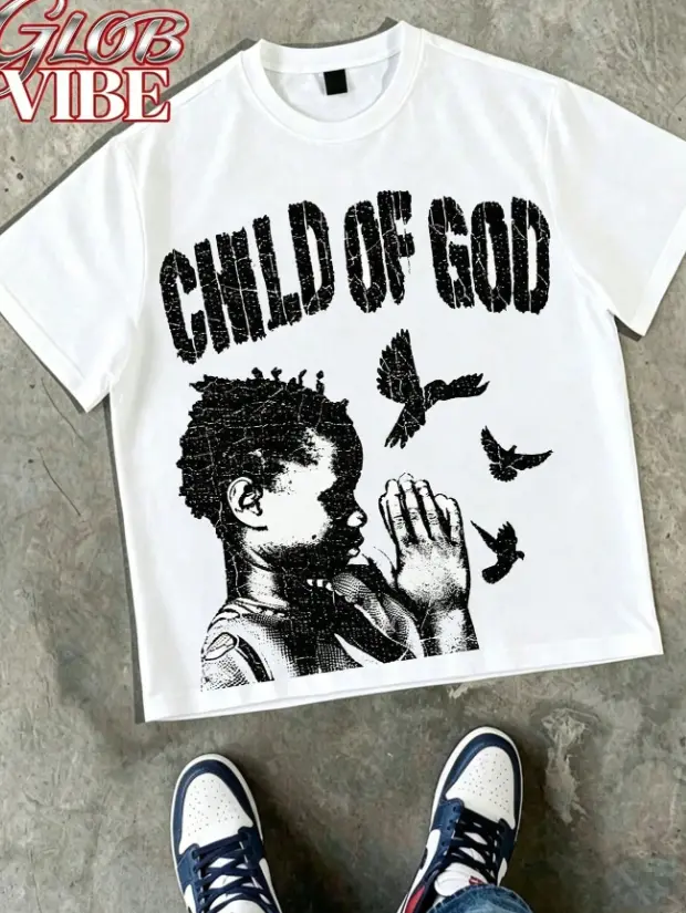 Child Of God Praying Boy Dove Cracked White Oversized Tee Vintage Distressed Cotton Hip Hop Street Short Sleeve Crew Neck Casual Men Daily Wear Tshirt