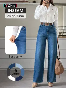 Women's High Elasticity Denim Jeans, Casual Loose Fit Basic Wide Leg Pants, All Seasons Fashion, Plain Pattern, Comfortable and Stylish