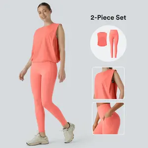 Halara 2 Piece Round Neck Ruched Cool Touch Yoga Tank Top-UPF50+&UltraSculpt High Waisted Tummy Control Pocket Shaping Training Leggings Set
