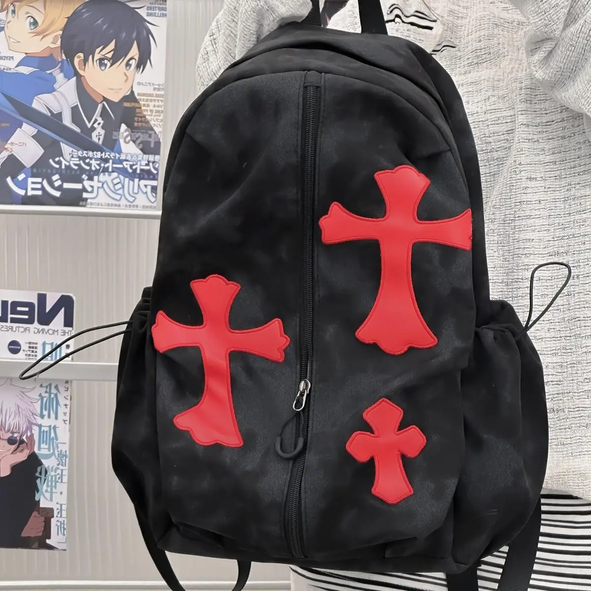 Black Washed Red Cross High Street Backpack Unisex Lightweight Daily Commute Streetwear Backpack