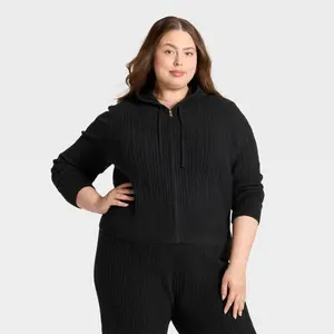 Women's Cozy Zip-Up Hoodie Cardigan Sweater - Universal Thread Black 1X