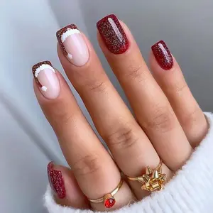 24pcs Christmas Design Nude Base Glitter Snowflake Edge Hand Drawn 3D Snowball Decoration Short Square Nails