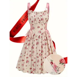 [Floral Party] Elegant Floral A-Line Party Dress | for Women | Light Beige with Pink Floral Print | Adjustable Spaghetti Straps, Tummy Control Bow Waist Tie, and Zipper Back Cute Formal Minimalist Short Basic Comfort Womenswear