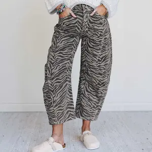 Gray Zebra Stripe Printed Barrel Jeans, Casual Wide Leg Denim Pants For Women, Loose Comfortable Stylish Fit For Daily Street Outdoor Vacation Wear SummerVibes