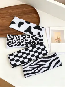 4pcs Autumn Winter Knitted Cow Print Chessboard Leopard Zebra Wide Headbands, Soft Woolen Hair Bands for Daily Use