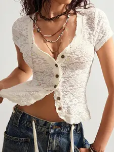 Bohemela Bohemela Solid Color Knit Lace Short Sleeve V-Neck Fitted Women Top