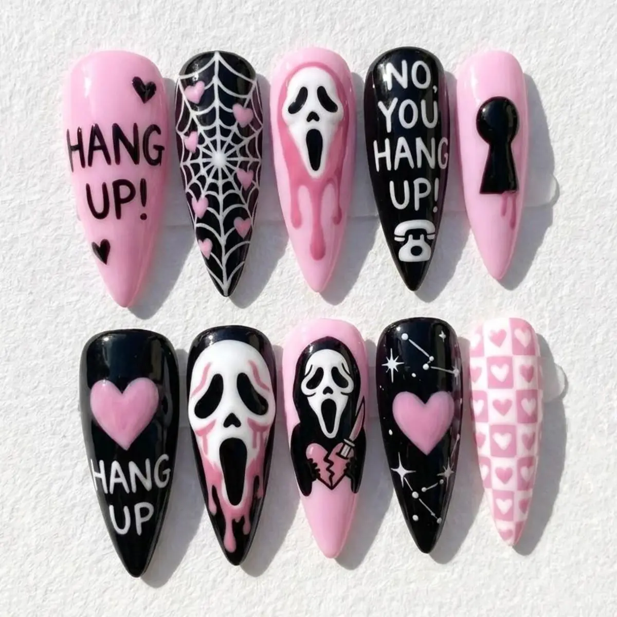 Pink Ghost Mask Halloween Press On Nails, Gothic Heart Spider Web Nail Art, Spooky Cute Handmade Custom Fake Nails, Pink Gel Nail Set