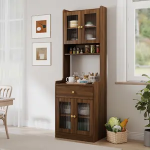 Farmhouse Kitchen Pantry Hutch Storage Cabinet - Freestanding Buffet Sideboard with Microwave Stand, Coffee Bar Cabinet for Dining Room