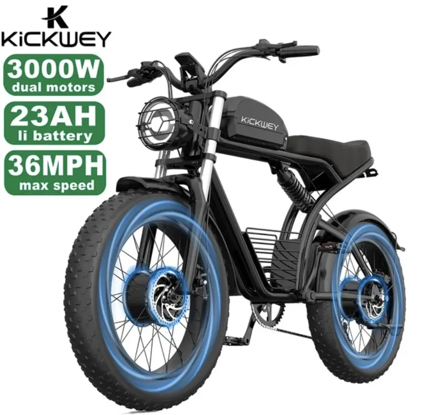 New 3000W Electric Bike 48V 23AH Moped Mountain eBike 20" Fat Tyre Adult Dual Motors