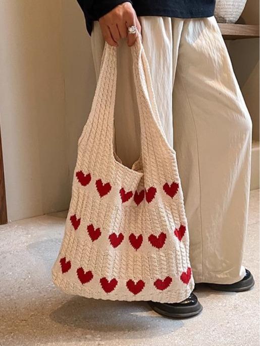 Women Love Heart Pattern Crochet Shoulder Bags, Fashionable Women's Handbags, Daily Casual Accessories, Perfect for Dating, Shopping and Traveling