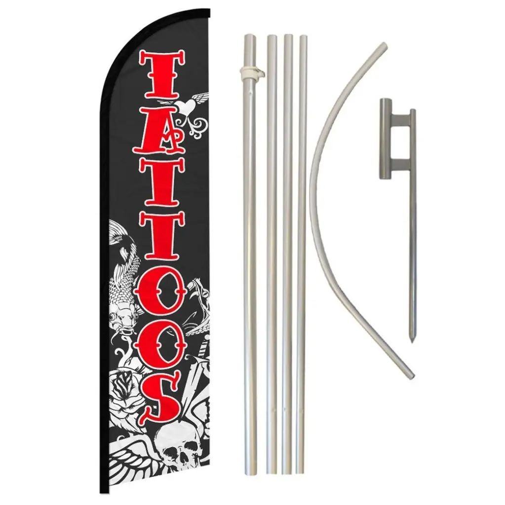 Windproof Tattoo Banner & Aluminium-Steel Pole Complete Kit, 11.5x2.5ft Outdoor Polyester Festive Backdrop Supply with Curved Sleeve for Outdoor Display