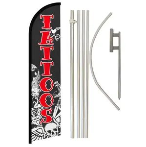 Windproof Tattoo Banner & Aluminium-Steel Pole Complete Kit, 11.5x2.5ft Outdoor Polyester Festive Backdrop Supply with Curved Sleeve for Outdoor Display