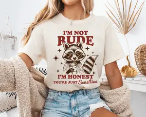 I'm Not Rude I'm Honest Funny Raccoon Graphic Oversized Crewneck Short Sleeve Unisex TShirt Casual Cotton Top for Women & Men Womenswear Fit Streetwear Printed Warmer Summer