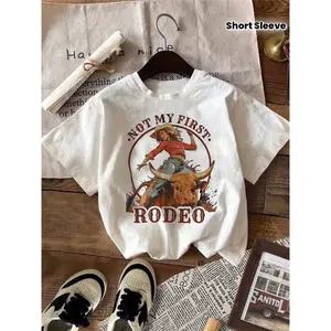 Women's Cowboy Hat Print Short Sleeve Top - Cowgirl Riding Design Round Neck Blouse for Western Outfits & Casual - Wear (Machine Washable) - Apparel for Horseback Riding & Ranch Outfits