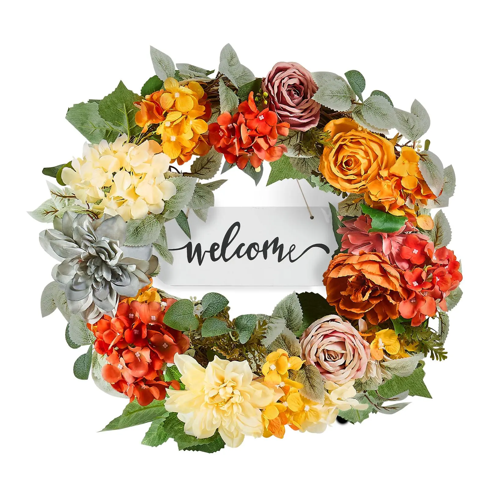 【BackToSchool】VEVOR 24-In Lifelike Washable Artificial Silk Flower Wreath, Elegant Red-Orange-Yellow Hydrangeas, Roses, Silk Leaves & Wooden Sign, Father’s Day Decor Gift, All-Seasons Wedding Wall/Front Door Indoor-Outdoor Home Decor
