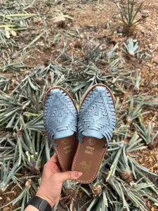 Blue Leather Huarache Mules: Mexican Artisanal Sandals